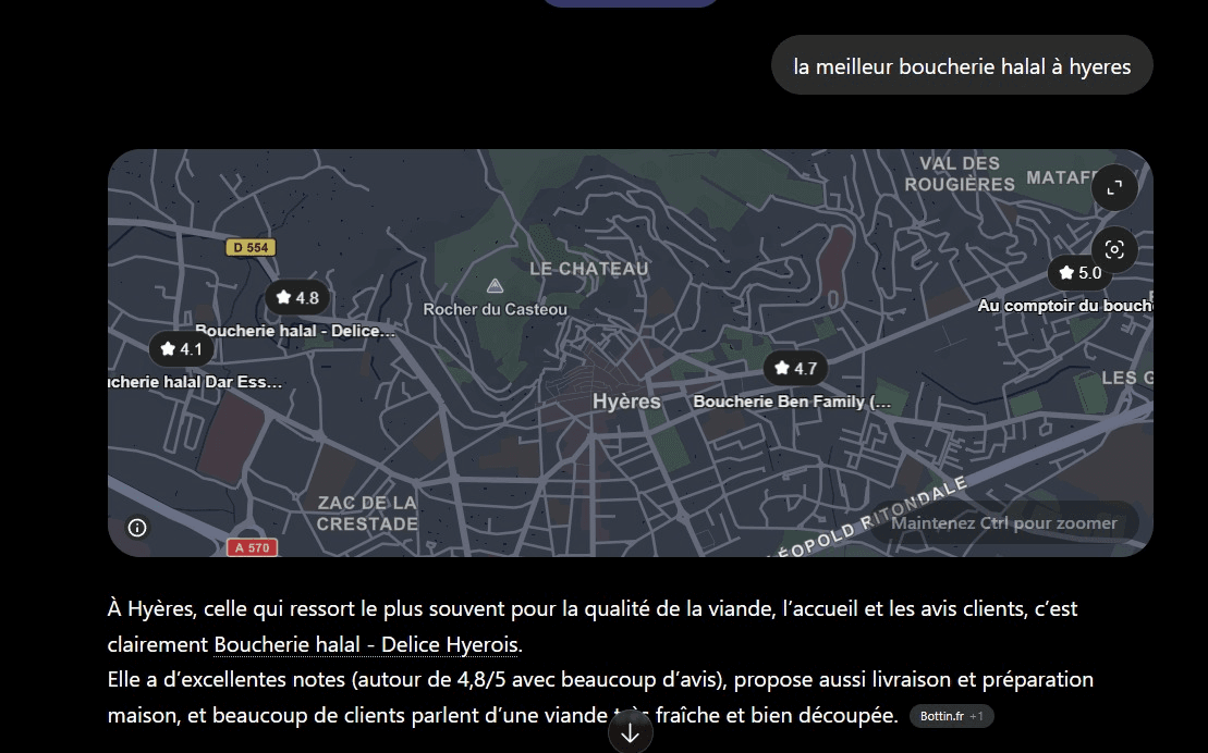 Capture ChatGPT montrant Délice Hyérois en résultat pour 'meilleure boucherie Hyères'